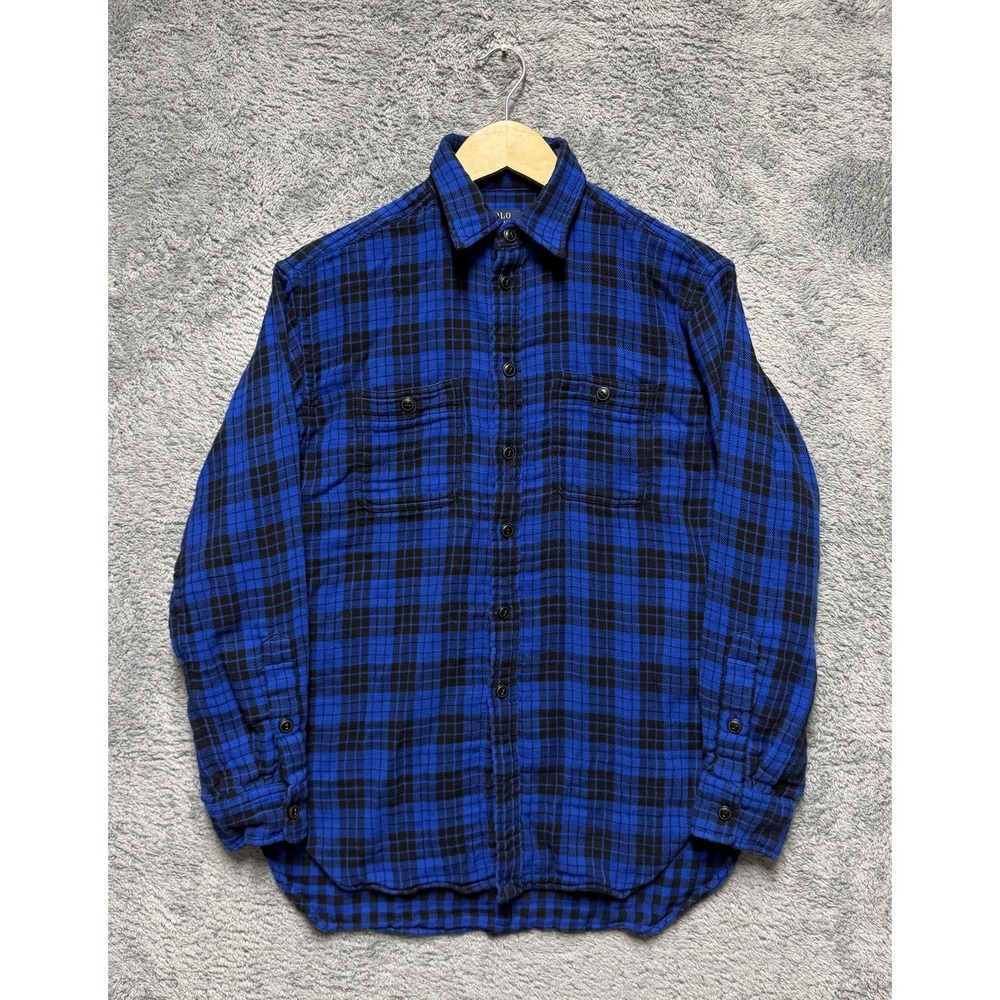 Polo Ralph‎ Lauren Flannel Shirt Mens M Blue Buffalo Plaid Check Pockets Outdoor